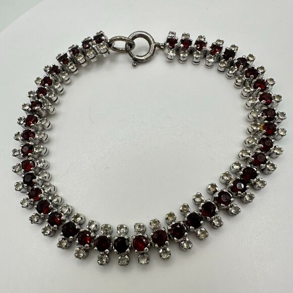 Vintage 925 sterling silver genuine garnets clear quartz tennis bracelet 18.07g - Picture 2 of 10